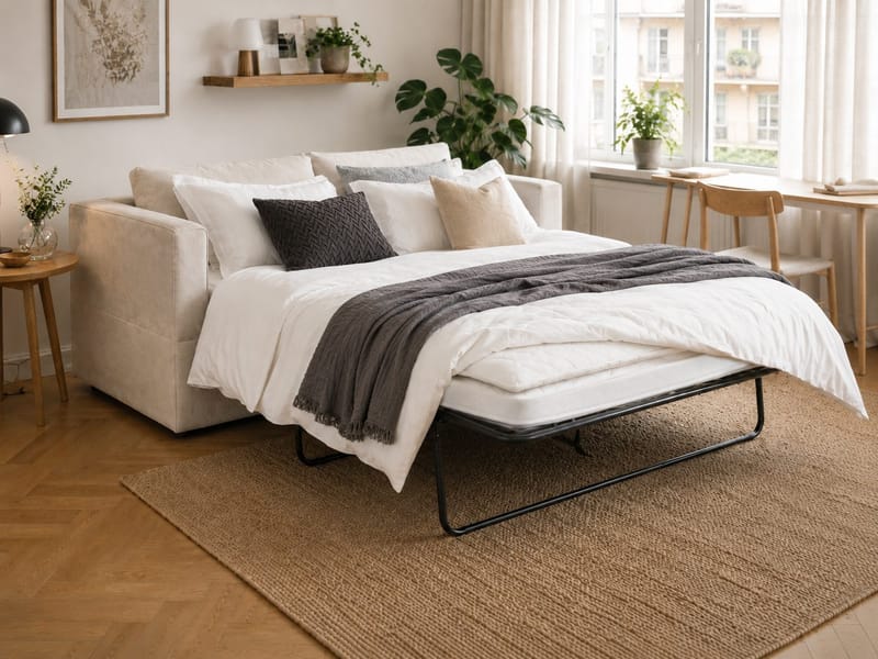 Travstad 3-sits Bäddsoffa med HVILA Bäddmadrass 140x200 cm Polyesterskum Vändbar Sommar & Vintersida och Tvättbar klädsel - Beige - Products - Möbler - Soffa - Bäddsoffa - 3 sits bäddsoffa