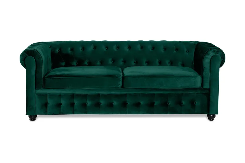 Chesterfield Lyx 3-sits Framåtbäddad bäddsoffa i sammet, Grön