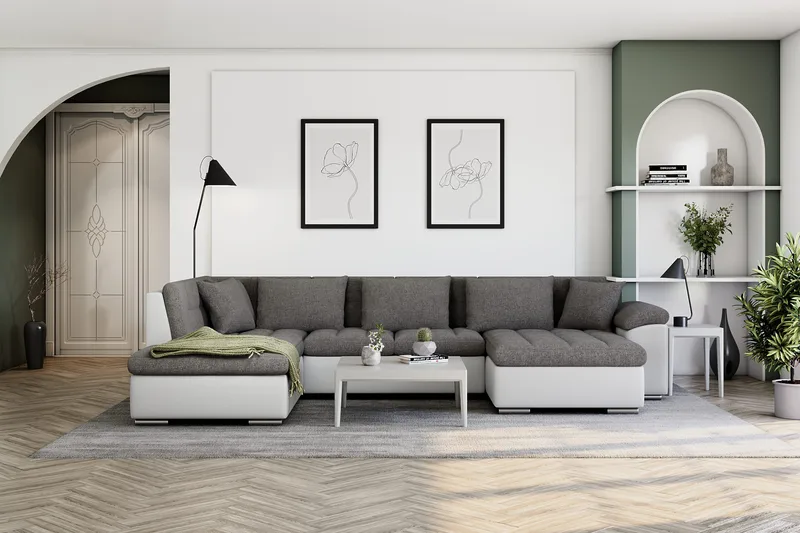 Dynir Hörnbäddsoffa Divan med Förvaring Höger - Vit/Ljusgrå - Products - Möbler - Soffa - Bäddsoffa - Bäddsoffa längsbäddad