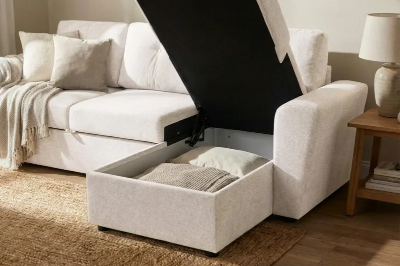 Leia 3-sits vändbar Bäddsoffa med divan och förvaring - Beige - Products - Möbler - Soffa - Bäddsoffa - Bäddsoffa divan