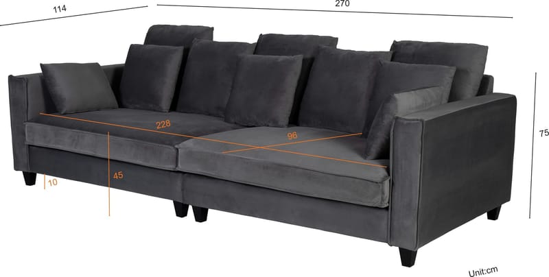 Brandy 4-sits soffa grå sammet - 270 cm bred och 114 cm djup - Mörkgrå - Products - Möbler - Soffa - Sammetssoffa