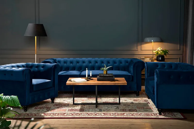 Chesterfield Lyx 2-sits Liten sammetssoffa - Djup soffa 160 cm bred - Blå - Products - Möbler - Soffa - 2 sits soffa