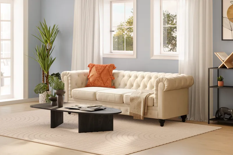 Chesterfield Lyx 3 sits Sammetssoffa- Djup soffa - Beige - Products - Möbler - Soffa - Chesterfield soffa