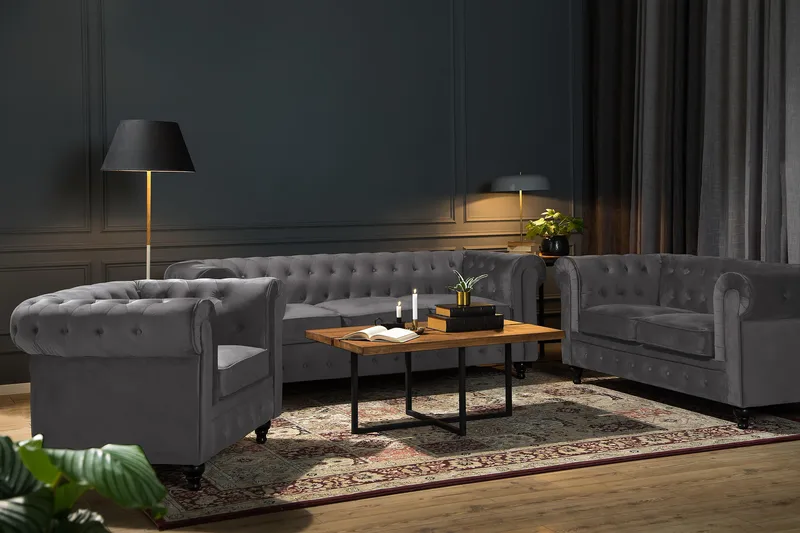 Chesterfield Lyx 3 sits Sammetssoffa - Djup soffa - Mörkgrå - Products - Möbler - Soffa - Chesterfield soffa