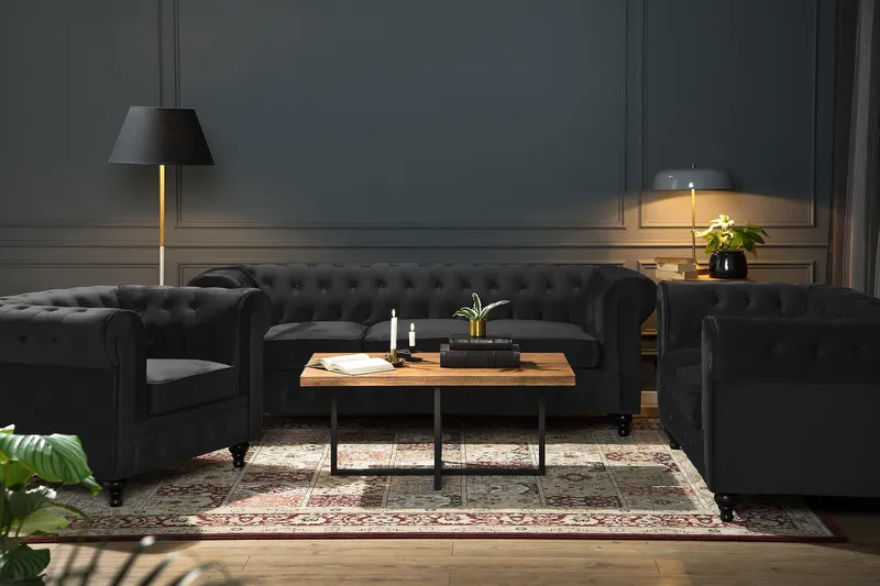Chesterfield Lyx 3-sits Sammetssoffa - Djup soffa - Svart - Products - Möbler - Soffa - Chesterfield soffa