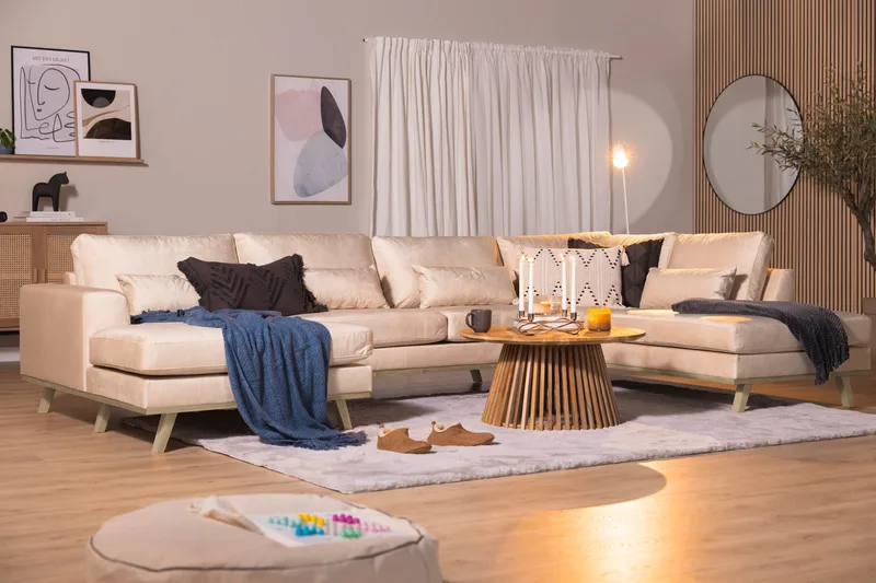 Copenhagen 5-sits Högervänd U-formad Soffa med Divan och Schäslong i Sammet - Beige - Products - Möbler - Soffa - Sammetssoffa