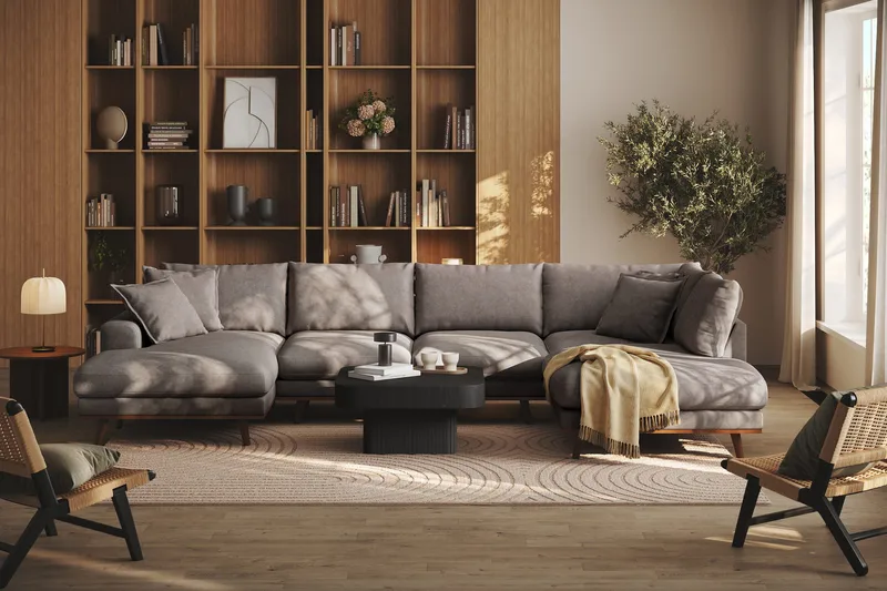 Copenhagen Premium 5-sits Högervänd U-formad Djup Soffa med Divan och Schäslong i Tyg - Brun - Products - Möbler - Soffa - U-soffa