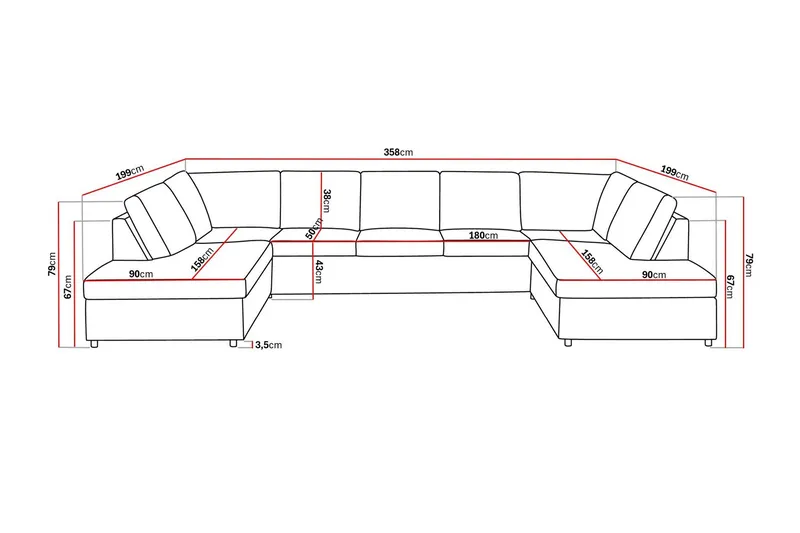 Crazy 5-sits U-formad Soffa med dubbelschäslong i Tyg - Antracit - Products - Möbler - Soffa - U-soffa