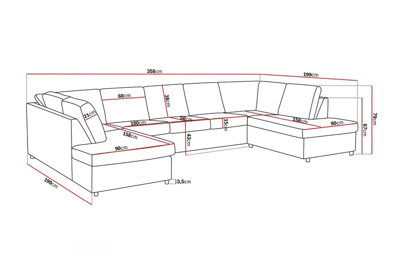 Crazy 5-sits U-formad Soffa med dubbelschäslong i Tyg - Antracit - Products - Möbler - Soffa - U-soffa