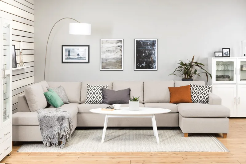 Crazy 5-sits Vänstervänd U-formad X-Large Soffa med Divan och Schäslong i Tyg - Beige - Products - Möbler - Soffa - U-soffa