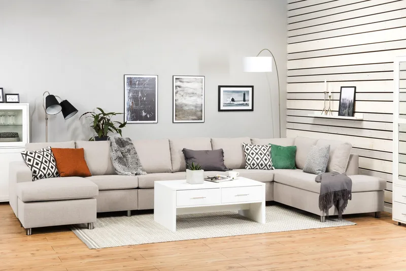 Crazy 6-sits Högervänd U-formad XX-Large Soffa med Divan och Schäslong i Tyg - Beige - Products - Möbler - Soffa - U-soffa