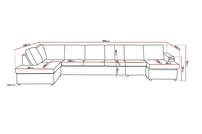 Crazy 6-sits Vänstervänd U-formad XX-Large Soffa med Divan och Schäslong i Tyg - Antracit - Products - Möbler - Soffa - U-soffa