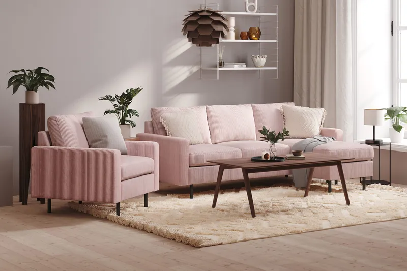 Peppe 3-sits Vändbar L-formad Divansoffa i Manchester - Rosa - Products - Möbler - Soffa - Divansoffa & schäslongsoffa - 3 sits soffa med divan