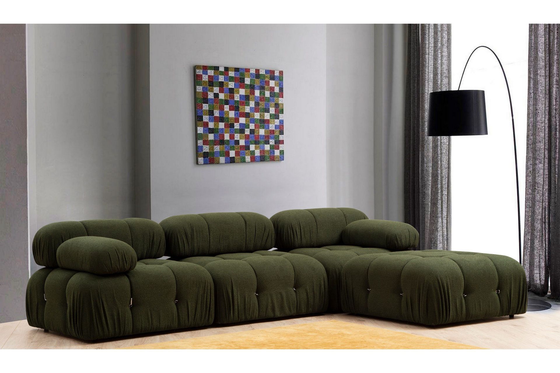 Belgin Bubblig Divansoffa 3-sits 288 cm med fasta armstöd och repdetaljer