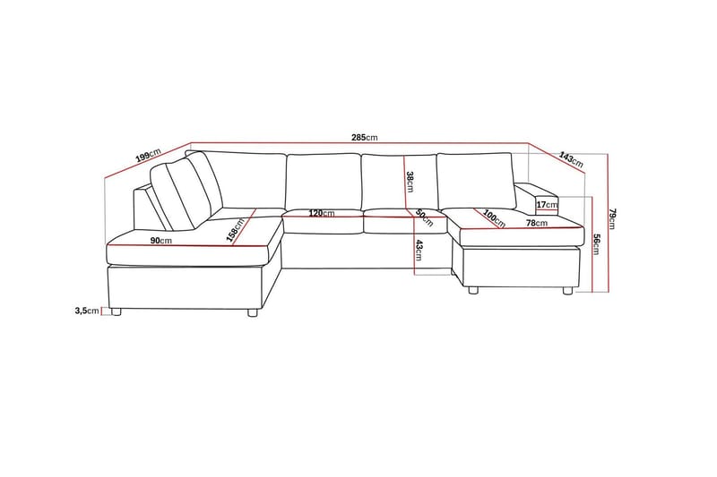 Crazy 4-sits Vänstervänd U-formad Large Soffa med Divan och Schäslong i Tyg - Antracit - Products - Möbler - Soffa - Divansoffa & schäslongsoffa - 4 sits soffa med divan