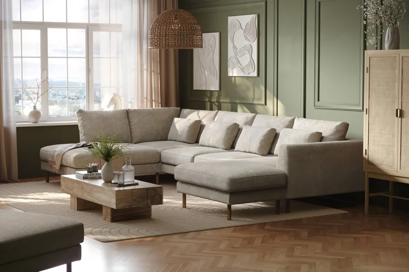 Florenz 4-sits Vänstervänd U-formad Soffa med Divan och Schäslong i Chenille - Grå / Beige - Products - Möbler - Soffa - Divansoffa & schäslongsoffa - 4 sits soffa med divan