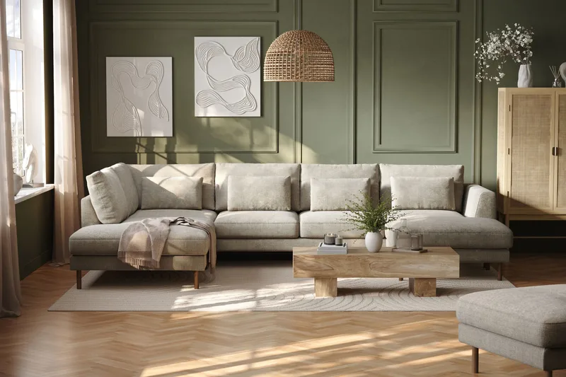 Florenz 4-sits Vänstervänd U-formad Soffa med Divan och Schäslong i Chenille - Grå / Beige - Products - Möbler - Soffa - Divansoffa & schäslongsoffa - 4 sits soffa med divan