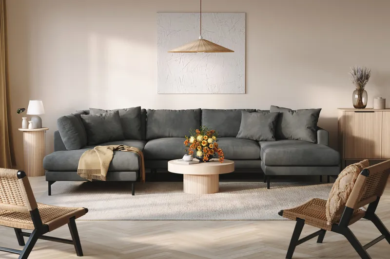 Menard 4-sits Vänstervänd Stor U-formad Djup Soffa med Divan och Schäslong i Manchester - Grå - Products - Möbler - Soffa - Divansoffa & schäslongsoffa - 4 sits soffa med divan
