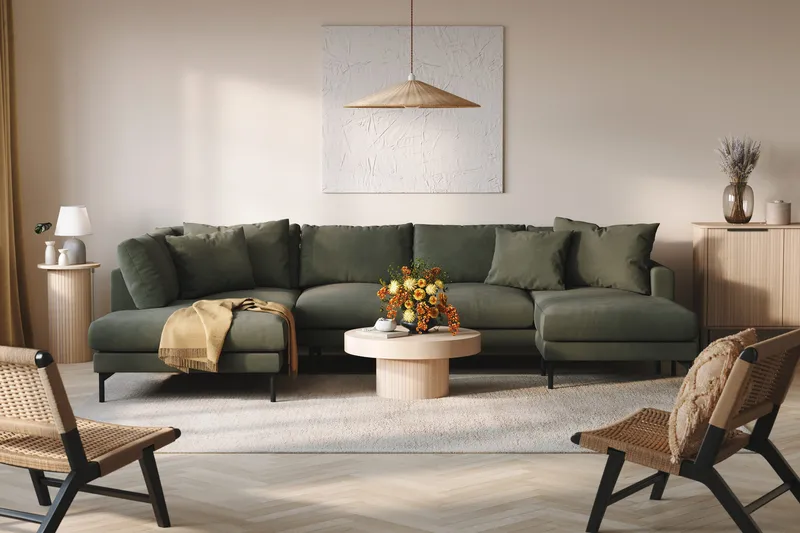 Menard 4-sits Vänstervänd Stor U-formad Djup Soffa med Divan och Schäslong i Manchester - Mörkgrön - Products - Möbler - Soffa - Divansoffa & schäslongsoffa - 4 sits soffa med divan