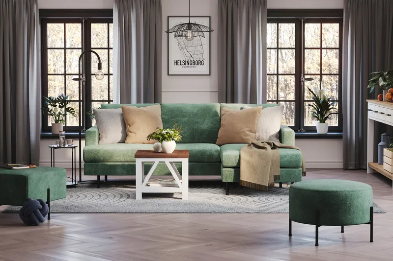 Menard Compact 3-sits Högervänd L-formad Divansoffa i Sammet - Mörkgrön - Products - Möbler - Soffa - Divansoffa & schäslongsoffa - 3 sits soffa med divan