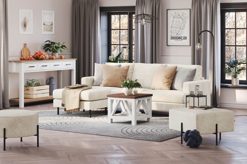 Menard Compact 3-sits Vänstervänd L-formad Divansoffa i Sammet - Krämvit - Products - Möbler - Soffa - Divansoffa & schäslongsoffa - 3 sits soffa med divan