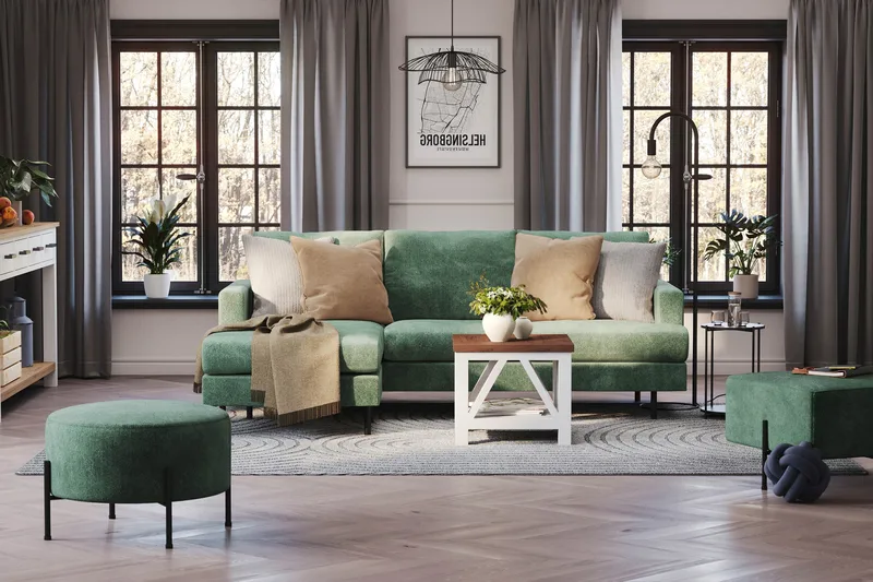 Menard Compact 3-sits Vänstervänd L-formad Divansoffa i Sammet - Mörkgrön - Products - Möbler - Soffa - Divansoffa & schäslongsoffa - 3 sits soffa med divan