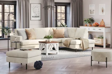 Menard Compact 4-sits Högervänd L-formad Schäslongsoffa i Sammet - Krämvit - Products - Möbler - Soffa - Divansoffa & schäslongsoffa - 4 sits soffa med divan