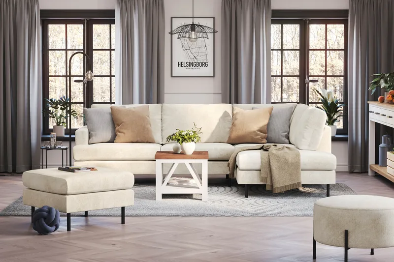 Menard Compact 4-sits Högervänd L-formad Schäslongsoffa i Sammet - Krämvit - Products - Möbler - Soffa - Divansoffa & schäslongsoffa - 4 sits soffa med divan