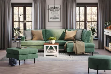 Menard Compact 4-sits Högervänd L-formad Schäslongsoffa i Sammet - Mörkgrön - Products - Möbler - Soffa - Divansoffa & schäslongsoffa - 4 sits soffa med divan