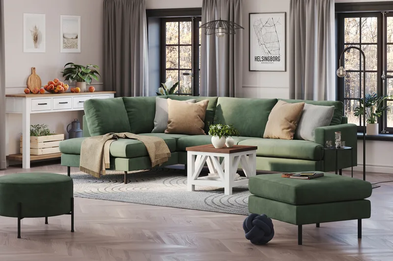 Menard Compact 4-sits Vänstervänd L-formad Schäslongsoffa i Manchester - Grön - Products - Möbler - Soffa - Divansoffa & schäslongsoffa - 4 sits soffa med divan