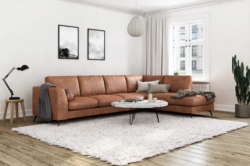 Ocean Lyx 5-sits Högervänd L-formad Schäslongsoffa i Konstläder - Brun - Products - Möbler - Soffa - Divansoffa & schäslongsoffa - 4 sits soffa med divan
