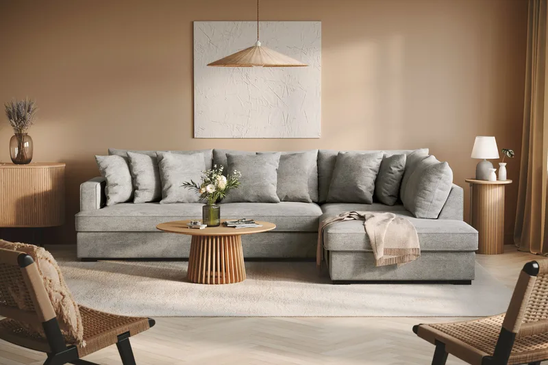 Rossita 4-sits Högervänd L-formad Djup Schäslongsoffa i Chenille - Grå - Products - Möbler - Soffa - Divansoffa & schäslongsoffa - 4 sits soffa med divan