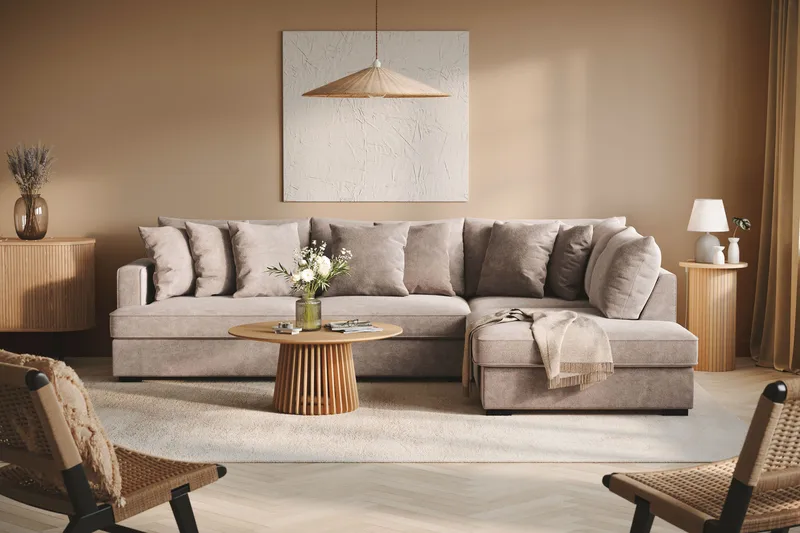 Rossita 4-sits Högervänd L-formad Djup Schäslongsoffa i Chenille - Trenza 08, Grå/Brun Chenille - Products - Möbler - Soffa - Divansoffa & schäslongsoffa - 4 sits soffa med divan