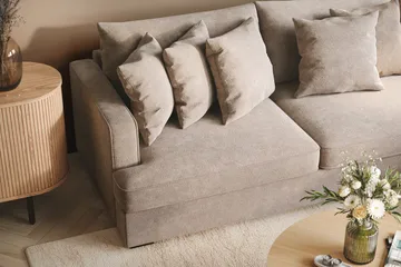Rossita 4-sits Högervänd L-formad Djup Schäslongsoffa i Chenille - Trenza 08, Grå/Brun Chenille - Products - Möbler - Soffa - Divansoffa & schäslongsoffa - 4 sits soffa med divan
