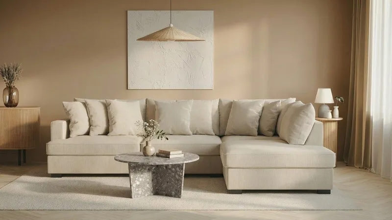 Rossita 4-sits Högervänd L-formad Djup Schäslongsoffa i Tyg - Beige - Products - Möbler - Soffa - Divansoffa & schäslongsoffa - 4 sits soffa med divan