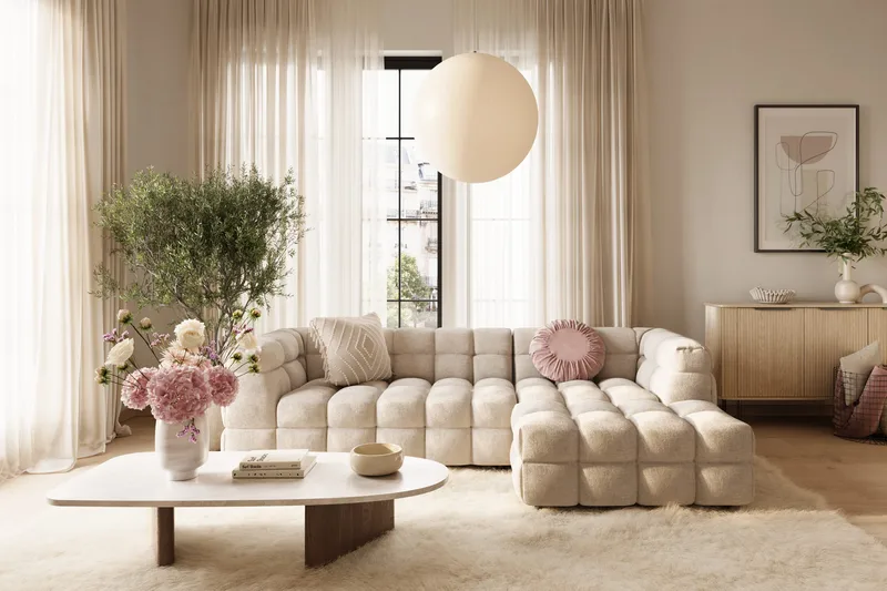 Elise Bubblig Soffgrupp 4-sits Divansoffa Höger + Fåtölj - Beige - Products - Möbler - Soffa - Soffgrupp