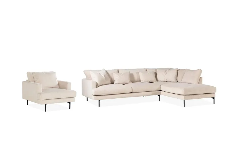 Menard Soffgrupp 4-sits Högervänd L-formad Schäslongsoffa + Stor Fåtölj i Manchester - Beige - Products - Möbler - Soffa - Soffgrupp
