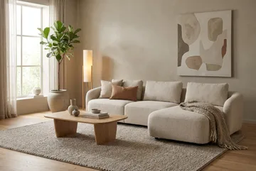 Milano 5-sits Rundad Högervänd L-soffa med Låg Rygg i Beige Boucle - Beige - Products - Möbler - Soffa - Divansoffa & schäslongsoffa