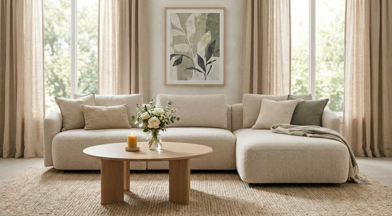 Milano 5-sits Rundad Högervänd L-soffa med Låg Rygg i Beige Boucle - Beige - Products - Möbler - Soffa - Divansoffa & schäslongsoffa
