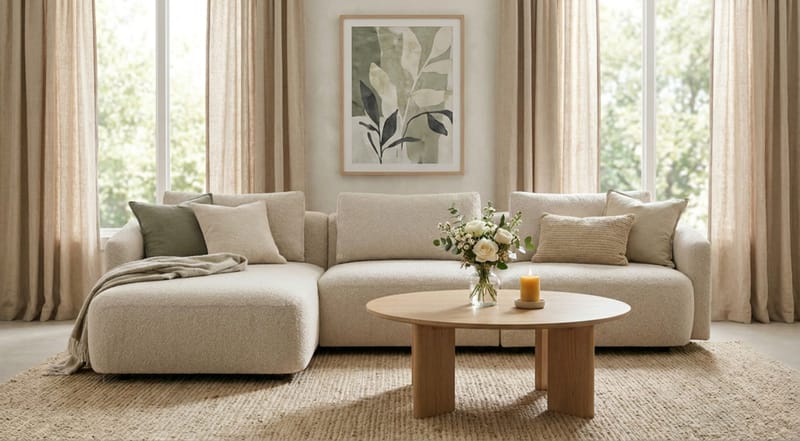 Milano 5-sits Rundad Vänstervänd L-soffa med Låg Rygg i Beige Boucle - Beige - Products - Möbler - Soffa - Divansoffa & schäslongsoffa