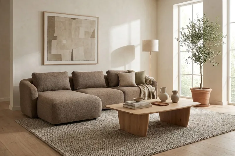 Milano 5-sits Rundad Vänstervänd L-soffa med Låg Rygg i Brun Boucle - Brun - Products - Möbler - Soffa - Divansoffa & schäslongsoffa