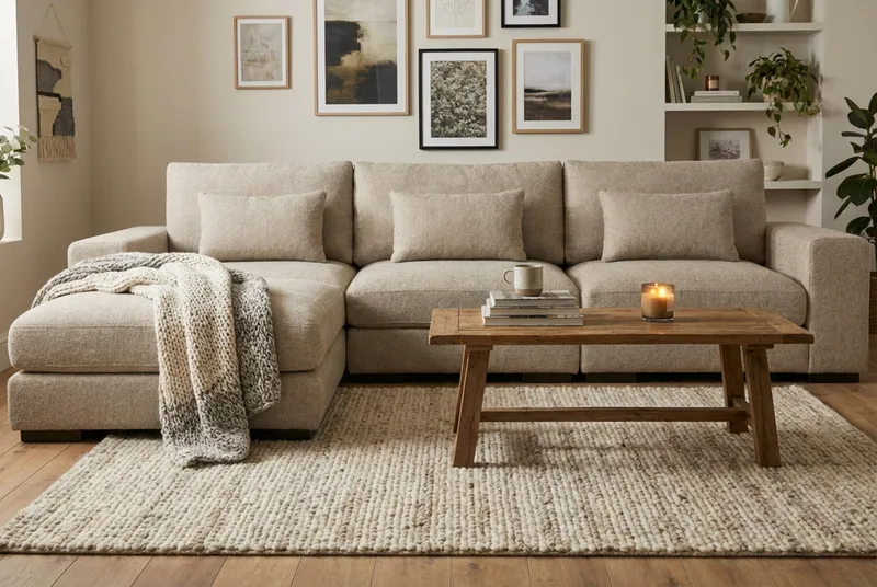 Dubai Extra djup 4-sits Modulsoffa med divan höger i tyg vändbar Extra Djup - Greige - Products - Möbler - Soffa - Modulsoffa - Komplett modulsoffa