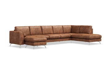 Ocean Lyx 6-sits Högervänd U-formad Soffa med Divan och Schäslong + Fotpall i Konstläder - Brun - Products - Möbler - Soffa - U-soffa