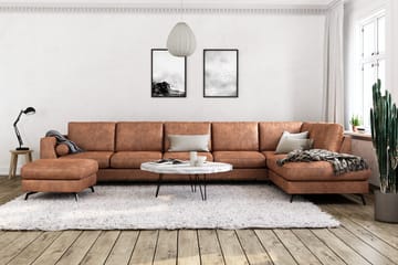 Ocean Lyx 6-sits Högervänd U-formad Soffa med Divan och Schäslong + Fotpall i Konstläder - Brun - Products - Möbler - Soffa - U-soffa