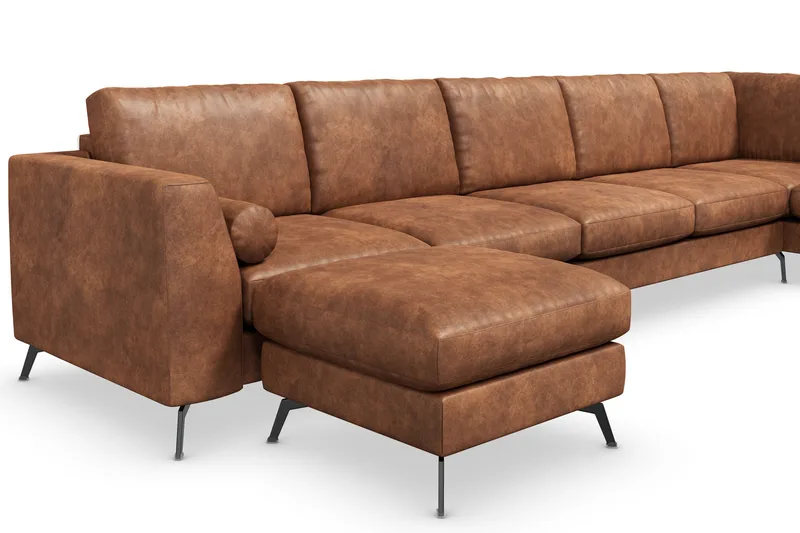 Ocean Lyx 6-sits Högervänd U-formad Soffa med Divan och Schäslong + Fotpall i Konstläder - Brun - Products - Möbler - Soffa - U-soffa