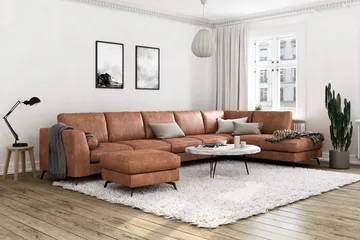 Ocean Lyx 6-sits Högervänd U-formad Soffa med Divan och Schäslong + Fotpall i Konstläder - Brun - Products - Möbler - Soffa - U-soffa