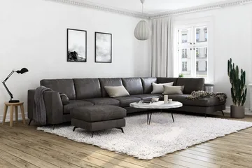 Ocean Lyx 6-sits Högervänd U-formad Soffa med Divan och Schäslong + Fotpall i Konstläder - Mörkgrå - Products - Möbler - Soffa - U-soffa