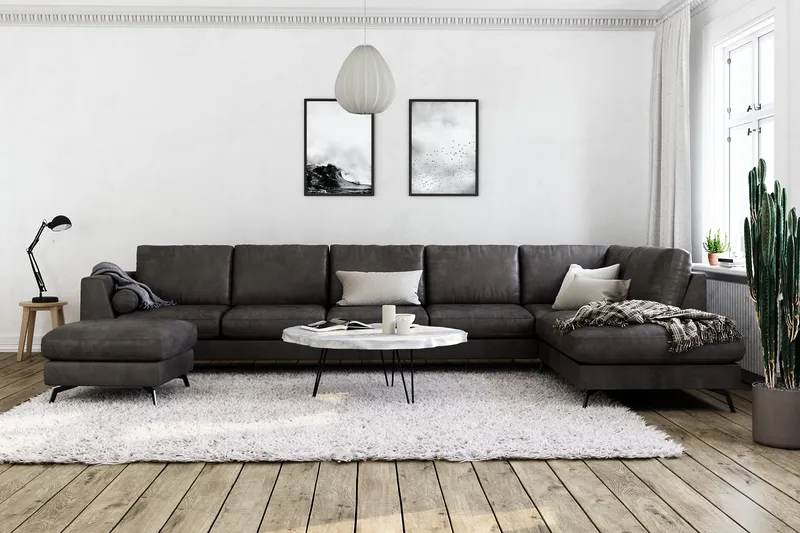 Ocean Lyx 6-sits Högervänd U-formad Soffa med Divan och Schäslong + Fotpall i Konstläder - Mörkgrå - Products - Möbler - Soffa - U-soffa