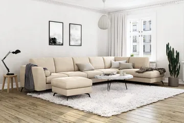 Ocean Lyx 6-sits Högervänd U-formad Soffa med Divan och Schäslong + Fotpall i Sammet - Beige - Products - Möbler - Soffa - U-soffa