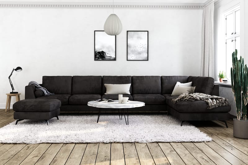 Ocean Lyx 6-sits Högervänd U-formad Soffa med Divan och Schäslong + Fotpall i Sammet - Mörkgrå - Products - Möbler - Soffa - U-soffa